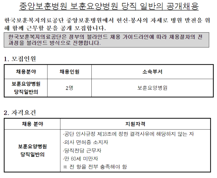  [채용][한국보훈복지의료공단][중앙보훈병원] 보훈요양병원 당직 일반의 채용 공고