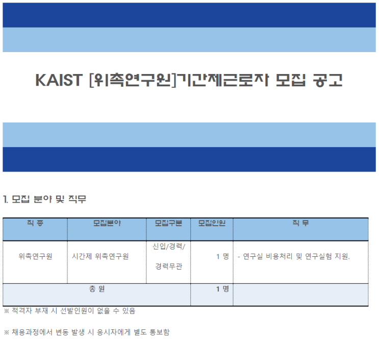  [채용][한국과학기술원] KAIST 자기공명영상연구실[시간제 위촉연구원] 모집 공고