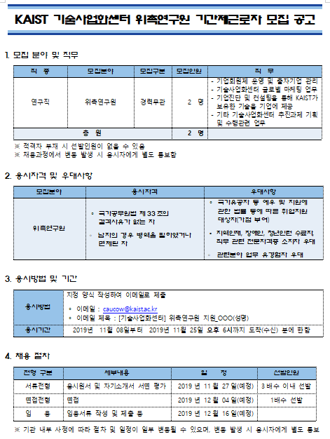 [채용][한국과학기술원] KAIST 기술사업화센터 위촉연구원 기간제근로자 모집 공고