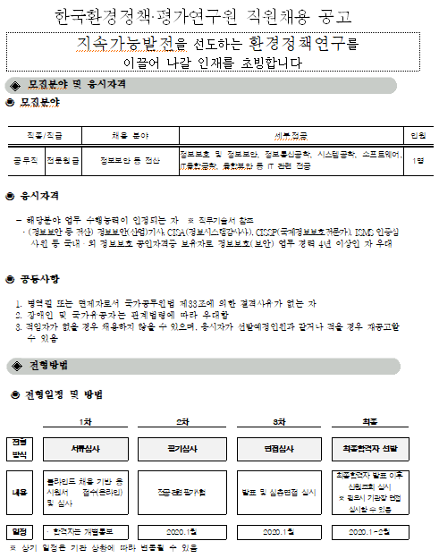  [채용][한국환경정책 평가연구원] 2019년 제3차 인력채용(전문원) 공고