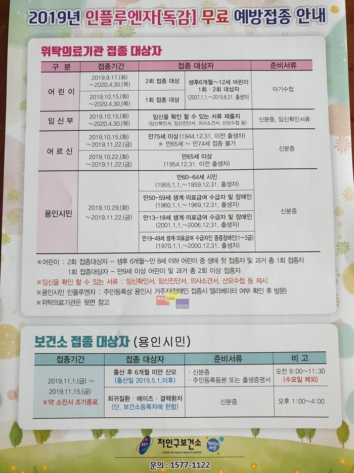 감기 조심하세요~ 2019년 인플루엔자(독감) 무료 예방접종 안내