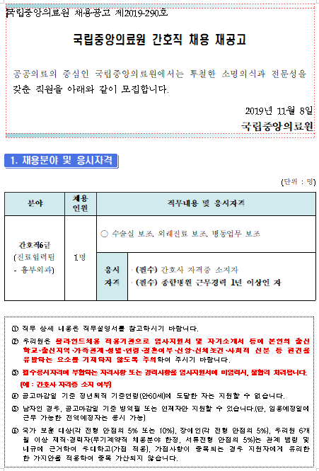  [채용][국립중앙의료원] 간호직 6급(진료협력팀-흉부외과) 채용 재공고