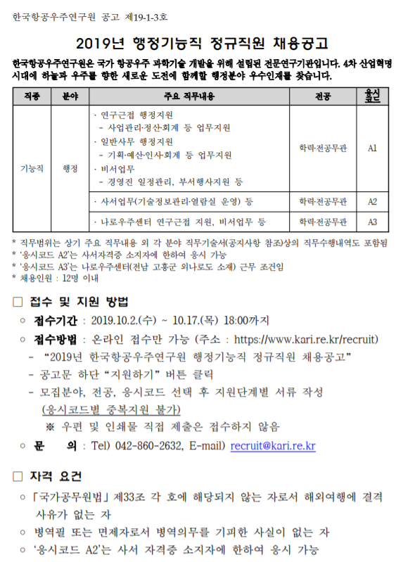  [채용][한국항공우주연구원] 2019년 행정기능직 정규직원 채용공고