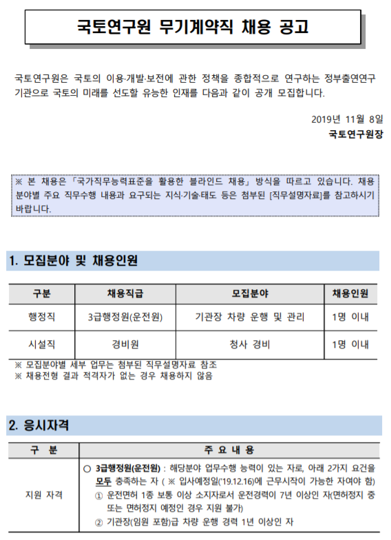  [채용][ 국토연구원] 무기계약직 채용 공고
