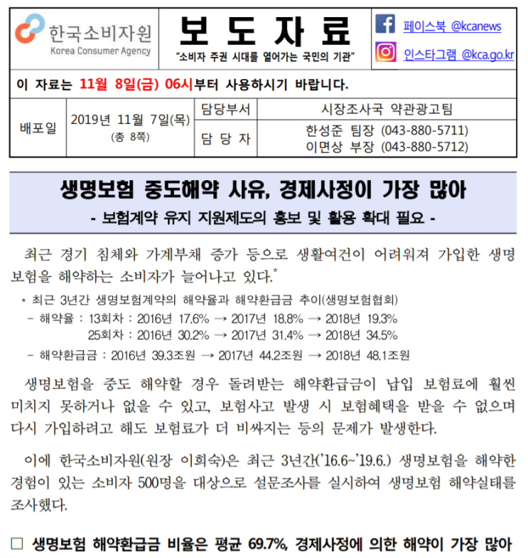  [한국소비자원] 생명보험 중도해약 사유, 경제사정이 가장 많아