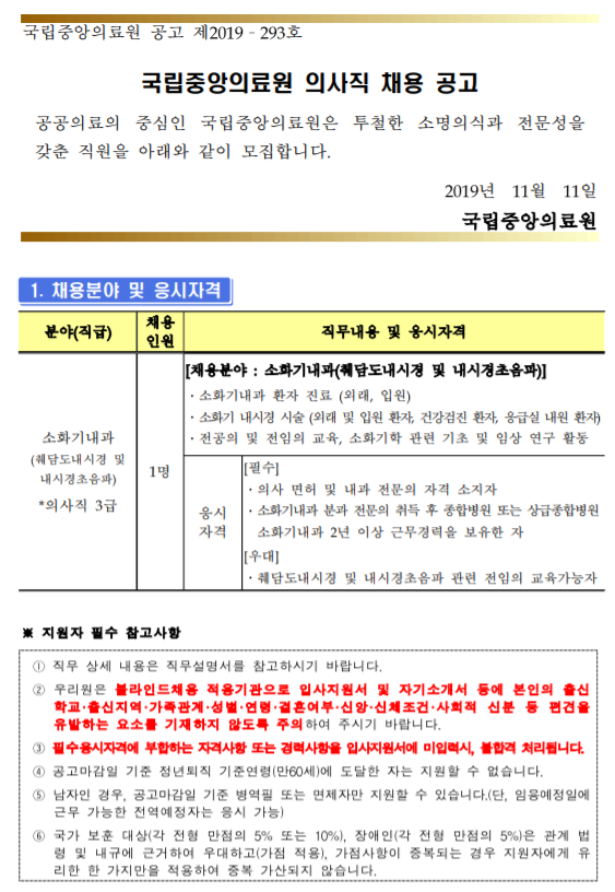  [채용][국립중앙의료원] 의사직 채용 공고(소화기내과 - 췌담도내시경 및 내시경초음파)