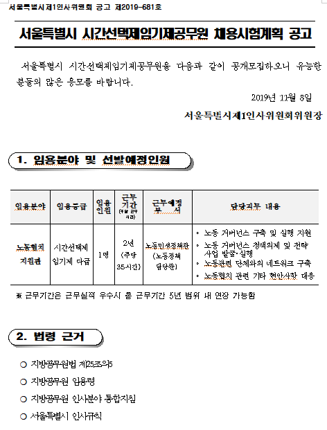 [채용][서울특별시] 시간선택제임기제공무원(노동협치지원관) 채용시험 공고