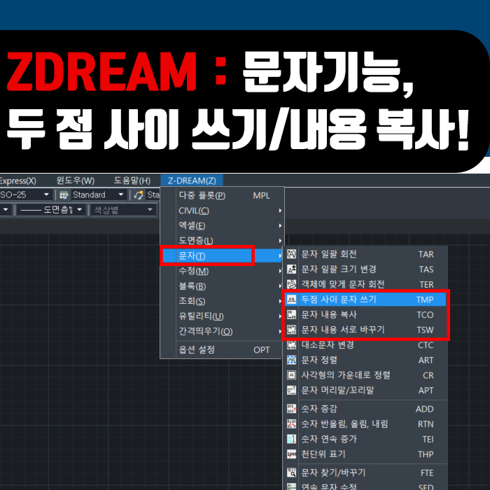  ZDream 사용방법 : 문자 기능②, 두 점 사이 문자쓰기/내용 복사/내용 서로 바꾸기 방법!