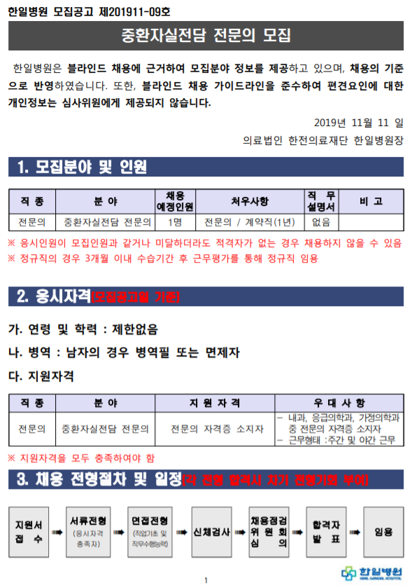  [채용][의료법인 한전의료재단 한일병원] 중환자실전담 전문의 모집