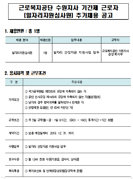  [채용][근로복지공단] [수원지사] 일자리지원심사원 추가 채용 공고
