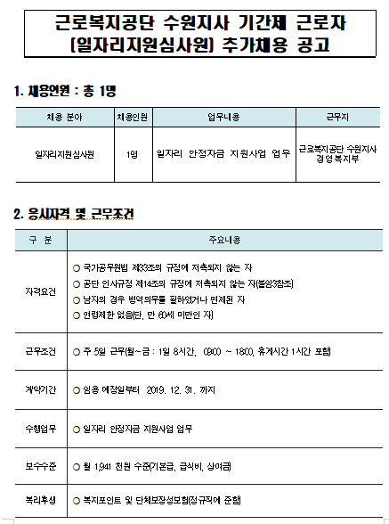 [채용][근로복지공단] [수원지사] 일자리지원심사원 추가 채용 공고