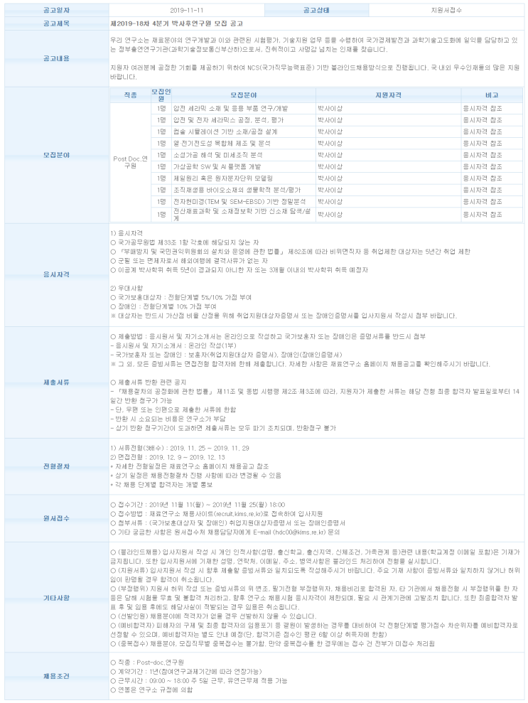  [채용][재료연구소] 제2019-18차 4분기 박사후연구원 모집 공고