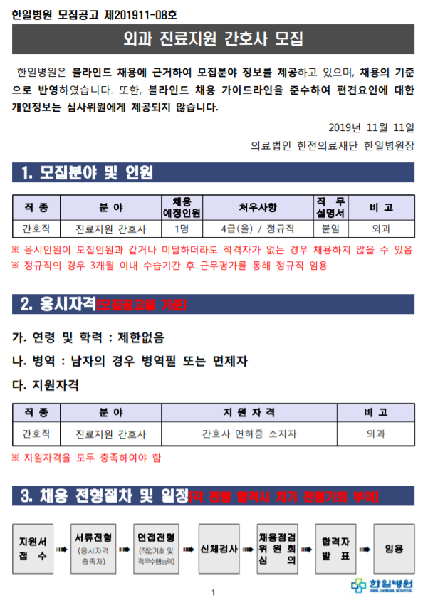  [채용][의료법인 한전의료재단 한일병원] 외과 진료지원 간호사 모집