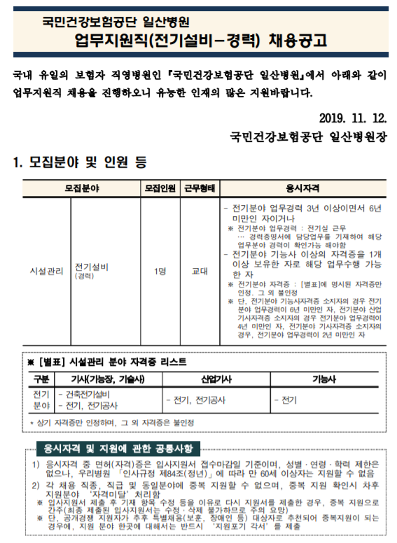  [채용][국민건강보험공단] 일산병원 업무지원직(시설관리-전기설비(경력)) 모집공고