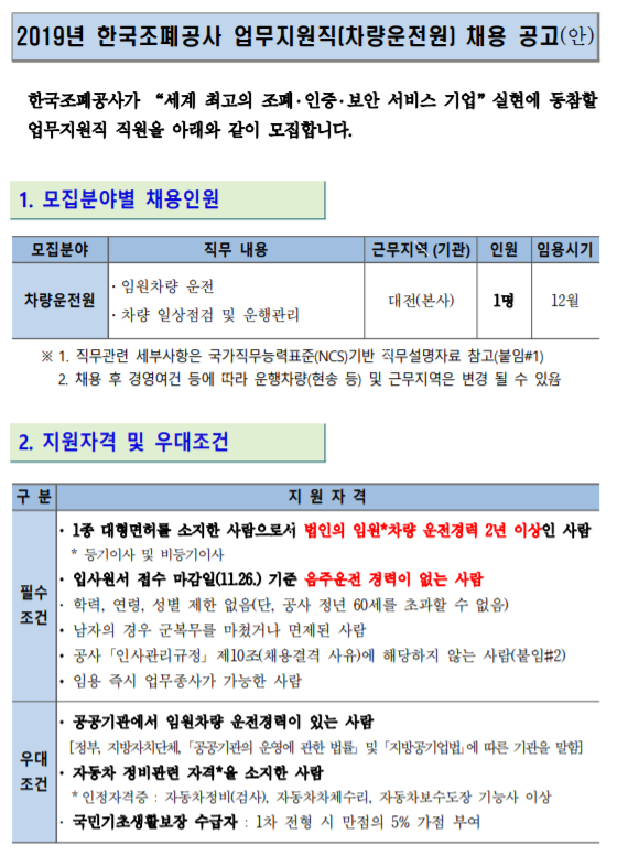  [채용][한국조폐공사] 2019년 업무지원직(차량운전원) 채용공고