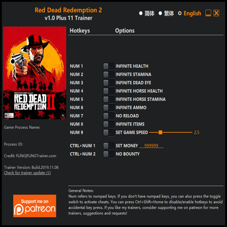  191109 레드 데드 리뎀션 2 트레이너 (Red Dead Redemption 2 Trainer v1.0 +11)3DM
