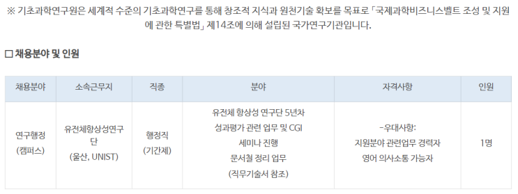  [채용][울산과학기술원] 제2019-1회 유전체항상성연구단 위촉행정원 채용 공고
