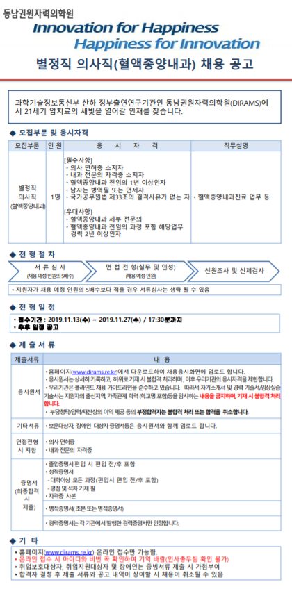  [채용][동남권원자력의학원] 별정직 의사직(혈액종양내과) 초빙
