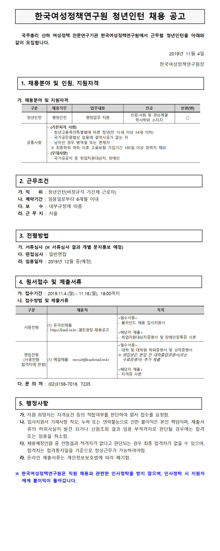 [채용][한국여성정책연구원] 2019년 제3차 청년인턴(행정) 채용