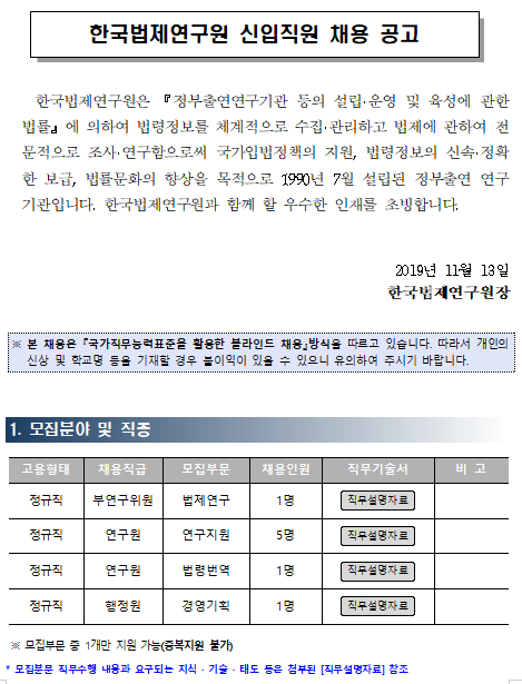  [채용][한국법제연구원] 신입직원 채용 공고(법제연구/연구지원/법령번역/경영기획)