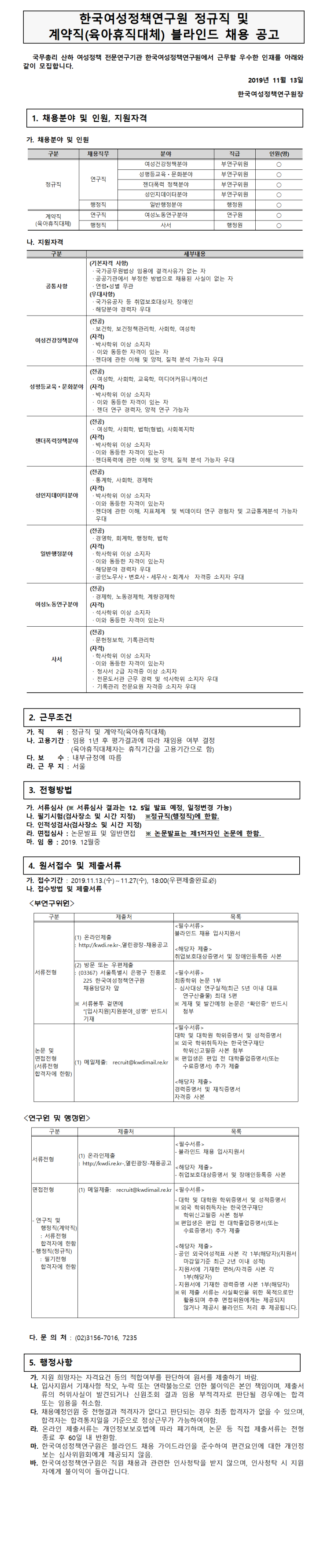 [채용][한국여성정책연구원] 2019년 정규직 및 계약직(육아휴직대체) 채용