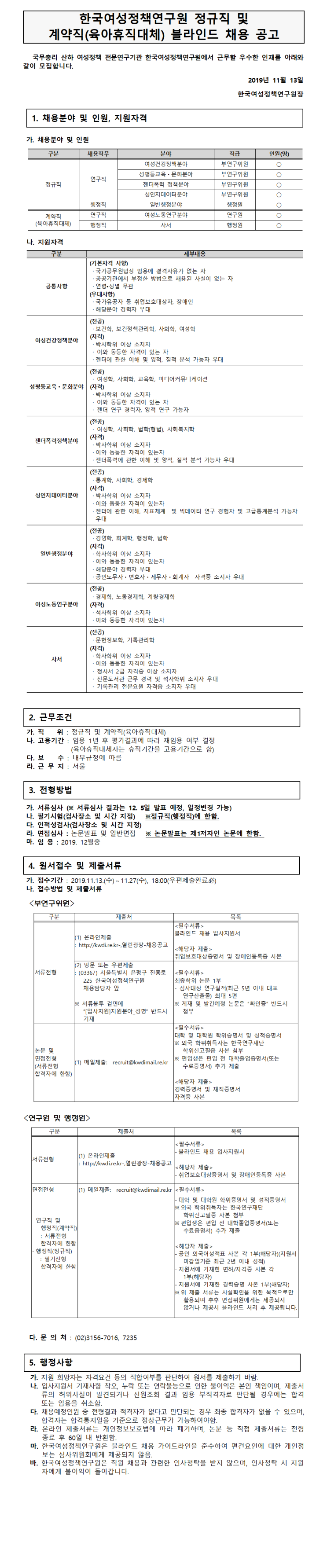  [채용][한국여성정책연구원] 2019년 정규직 및 계약직(육아휴직대체) 채용