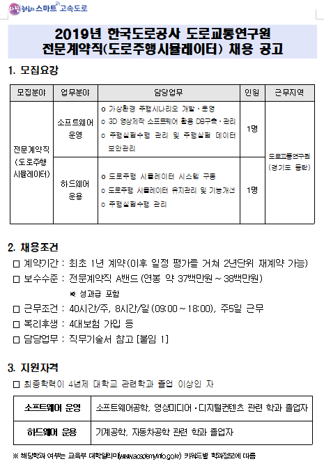  [채용][한국도로공사] 2019년 전문계약직(도로주행시뮬레이터) 채용 공고