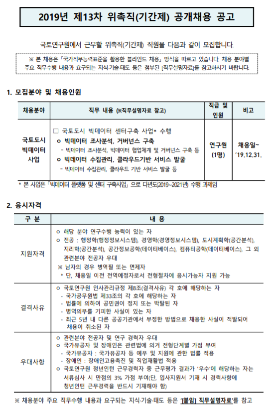  [채용][국토연구원] 2019년 제13차 위촉직(기간제) 공개채용