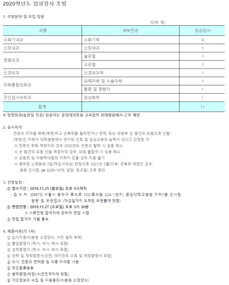  [채용][중앙대학교의료원] 2020학년도 임상강사 초빙 공고