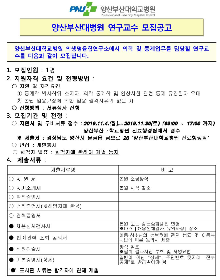  [채용][양산부산대병원] 의생명융합연구소 연구교수 모집공고