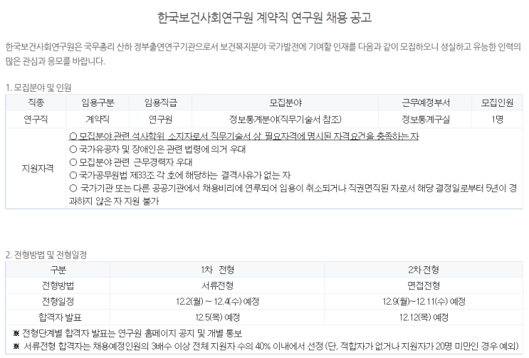 [채용][한국보건사회연구원] 계약직 연구원 채용 공고(정보통계연구실)