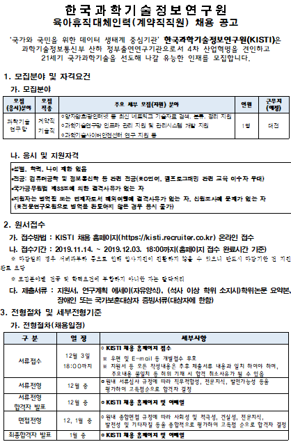  [채용][한국과학기술정보연구원] 과학기술연구망센터 육아휴직대체인력(계약직 기술원) 채용