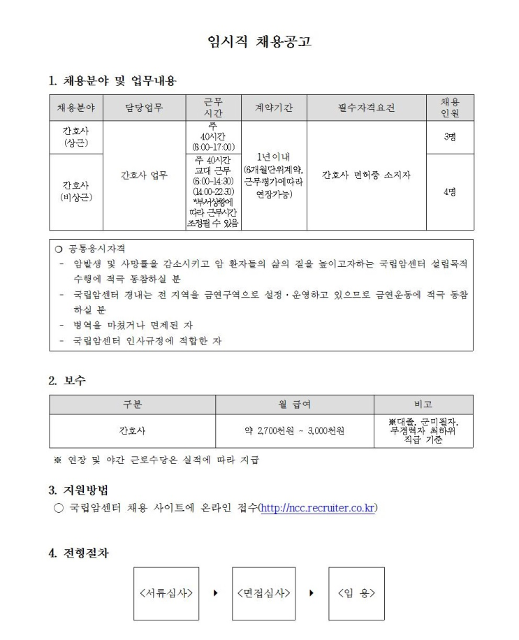  [채용][국립암센터] 임시직 간호사 채용공고