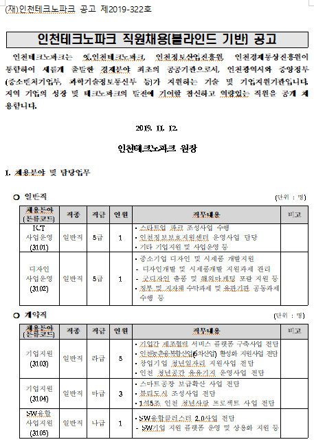  [채용][인천테크노파크] 직원채용(블라인드 기반) 공고