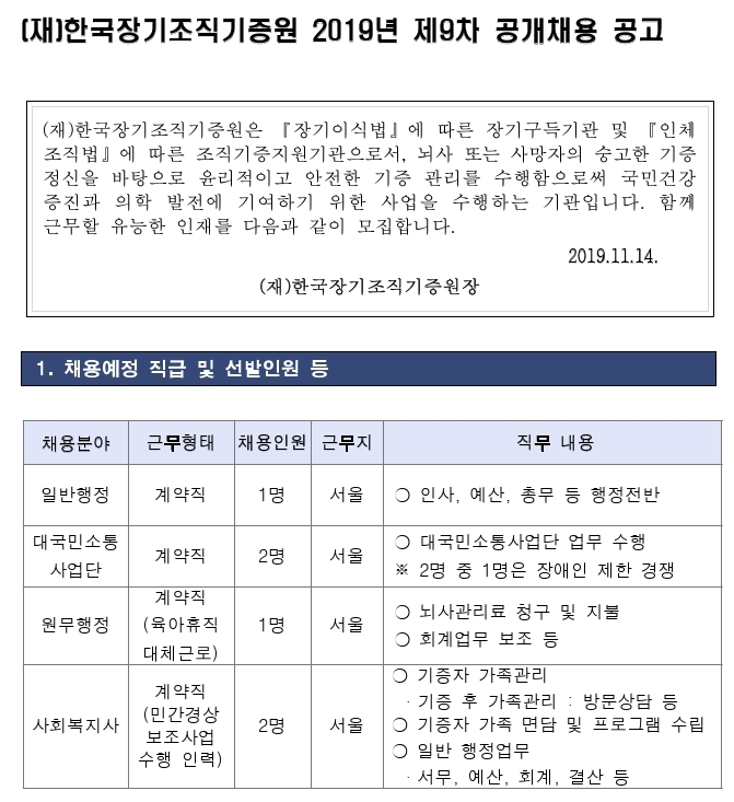 [채용][재단법인 한국장기조직기증원] 2019년 제9차 공개채용 공고