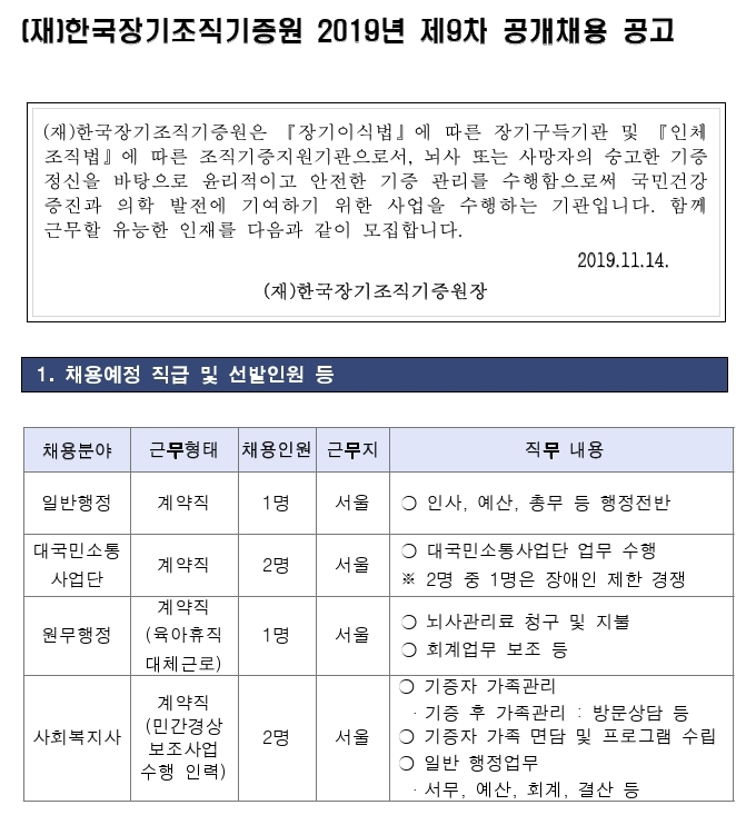 [채용][재단법인 한국장기조직기증원] 2019년 제9차 공개채용 공고