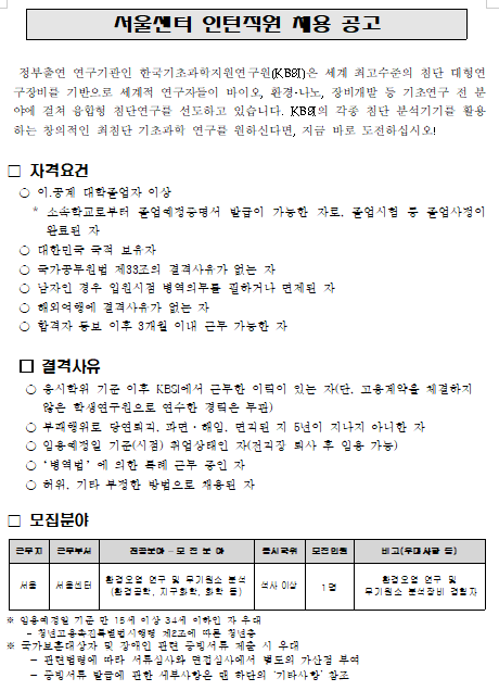  [채용][한국기초과학지원연구원] 서울센터 인턴직원 채용 공고