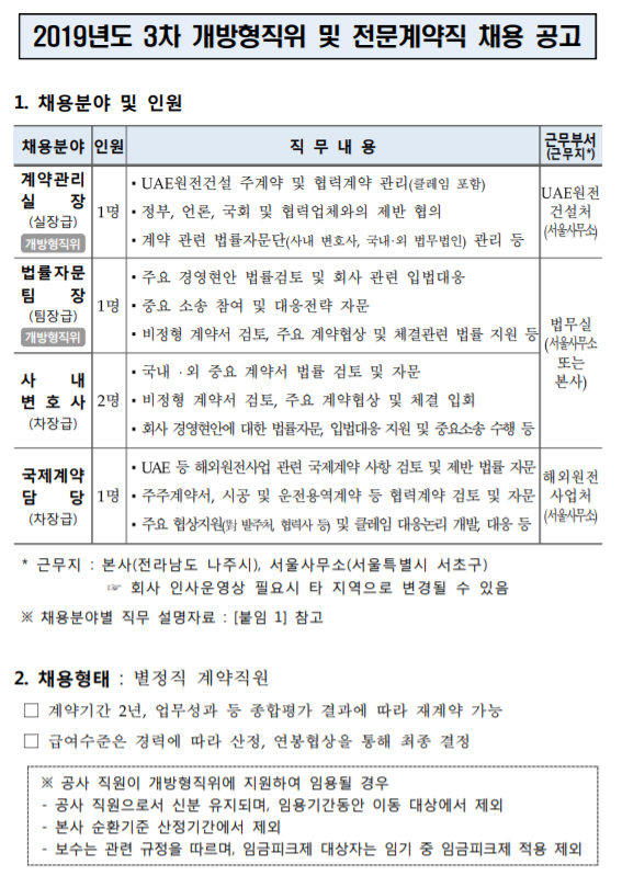 [채용][한국전력공사] 2019년도 3차 개방형직위 및 전문계약직 채용 공고