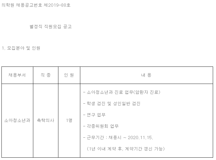 [채용][한국원자력의학원] 별정직 직원모집 공고(소아청소년과)