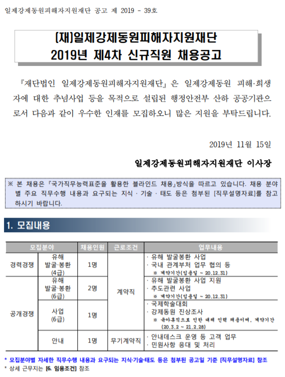 [채용][(재)일제강제동원피해자지원재단] 2019년 제4차 신규직원 채용 공고