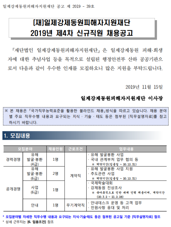  [채용][(재)일제강제동원피해자지원재단] 2019년 제4차 신규직원 채용 공고