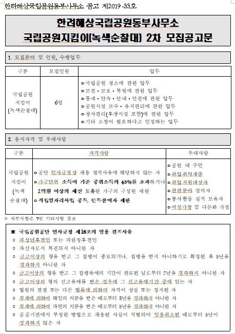  [채용][국립공원공단] 한려해상국립동부사무소 국립공원지킴이(녹색순찰대)2차 모집 공고