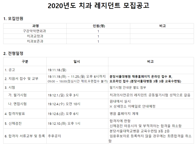  [채용][분당서울대학교병원] 2020년도 치과 레지던트 모집