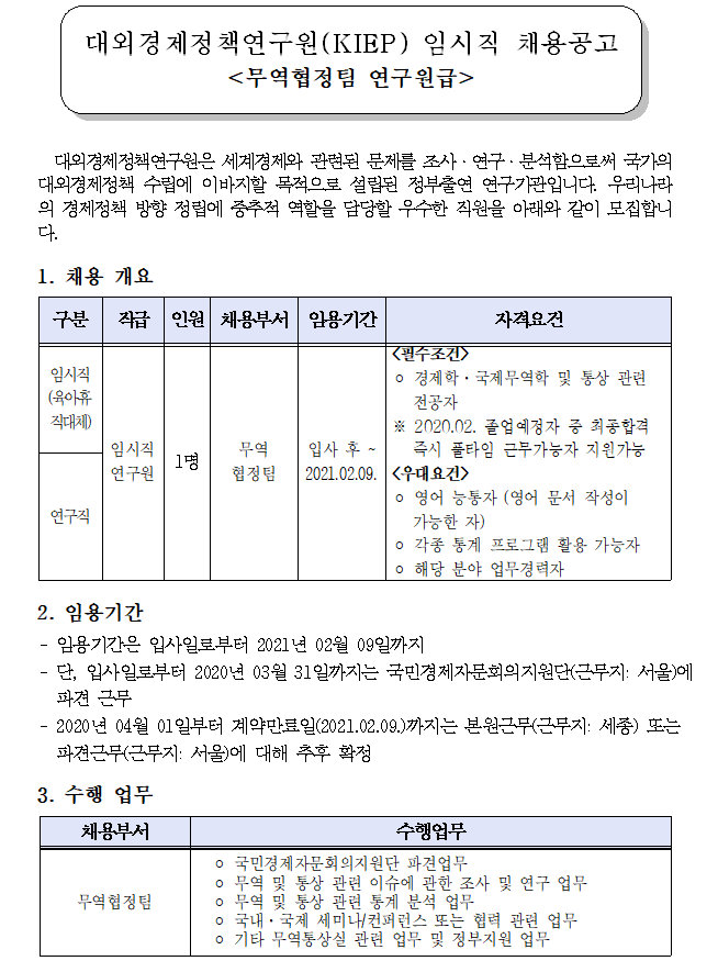 [채용][대외경제정책연구원] KIEP 임시직 연구원 채용공고 (무역협정팀)