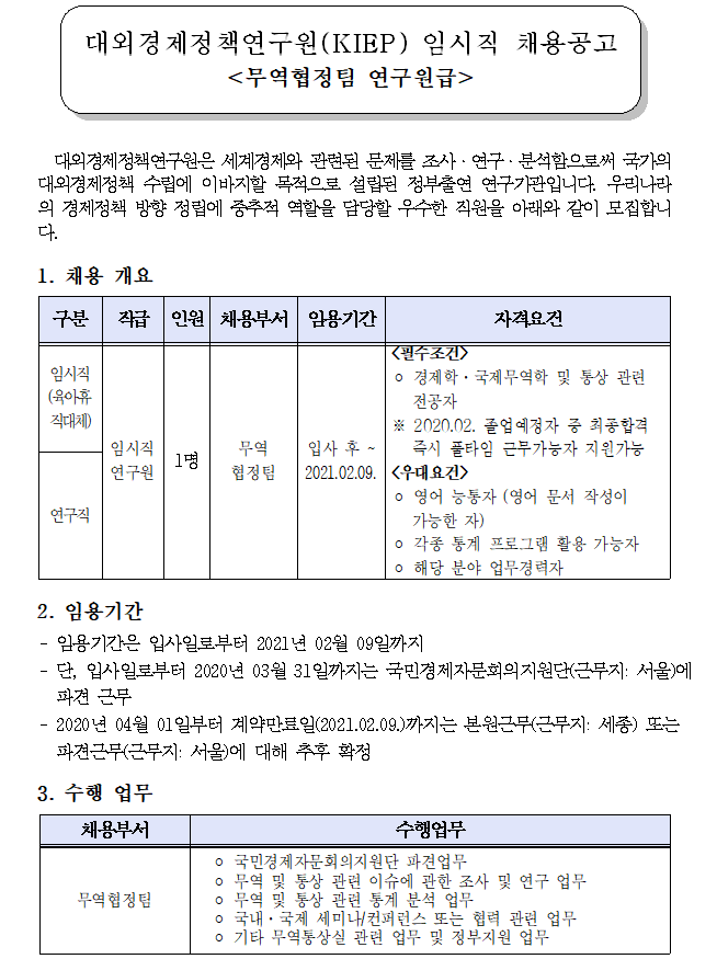  [채용][대외경제정책연구원] KIEP 임시직 연구원 채용공고 (무역협정팀)