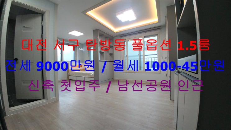  대전 서구 탄방동 남선공원 인근에 있는 신축 첫입주!! 구조 이쁜 풀옵션 1.5룸 (투룸식 원룸, 미니 투룸) 전세 월세 모두 가능한 매물입니다 ^^