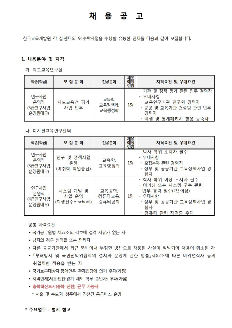 [채용][한국교육개발원] 2019년 제5차 계약직원 채용