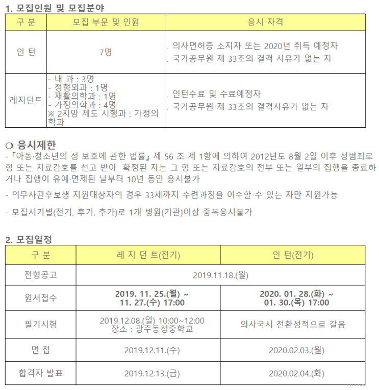 [채용][한국보훈복지의료공단] [광주보훈병원] 2020년도 전공의 모집 공고