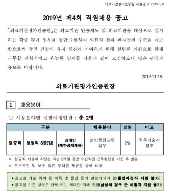  [채용][의료기관평가인증원] 2019년 제4회 직원채용 공고(장애인 제한 채용, 행정직)