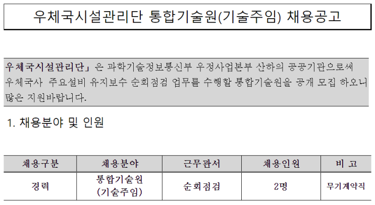  [채용][우체국시설관리단] 순회점검 통합기술원(기술주임) 채용공고